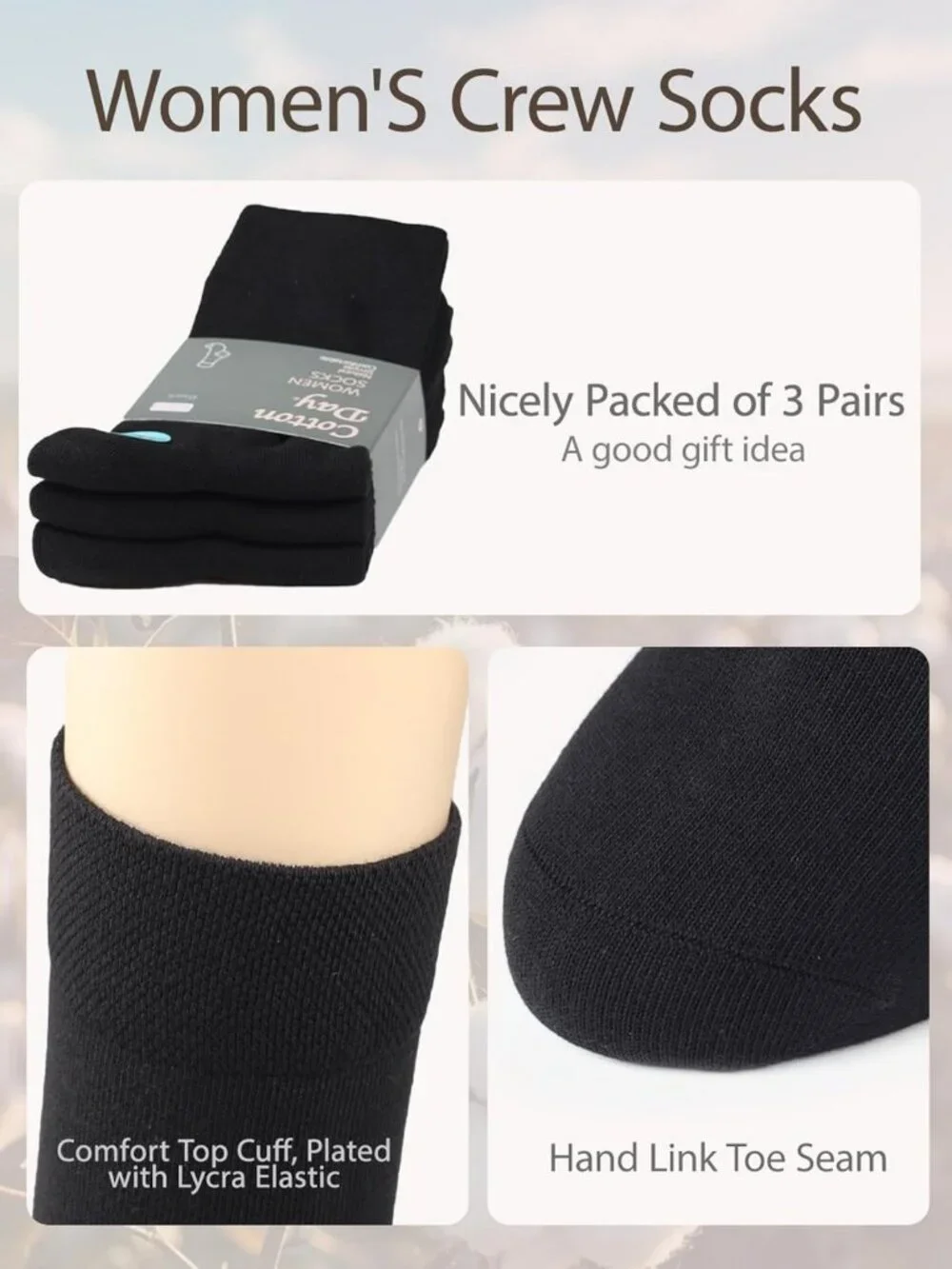 Soft Combed Cotton Seamless Toe Socks for Women - Black, White, Navy Options